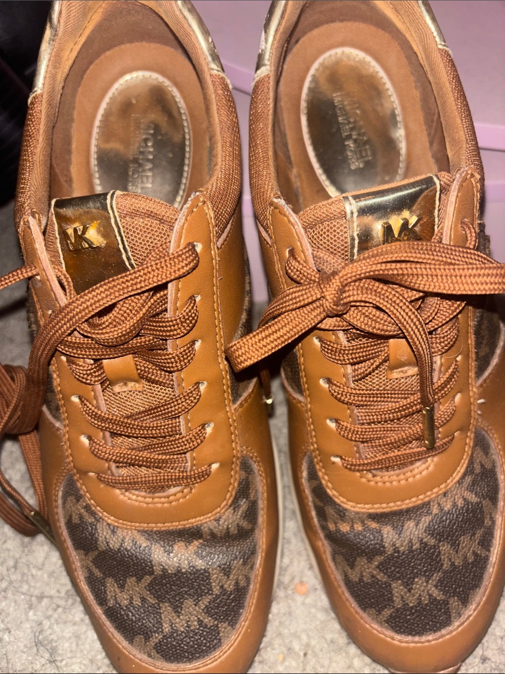 Michael Kors Tan and Brown MK Logo Lace-Up Sneakers